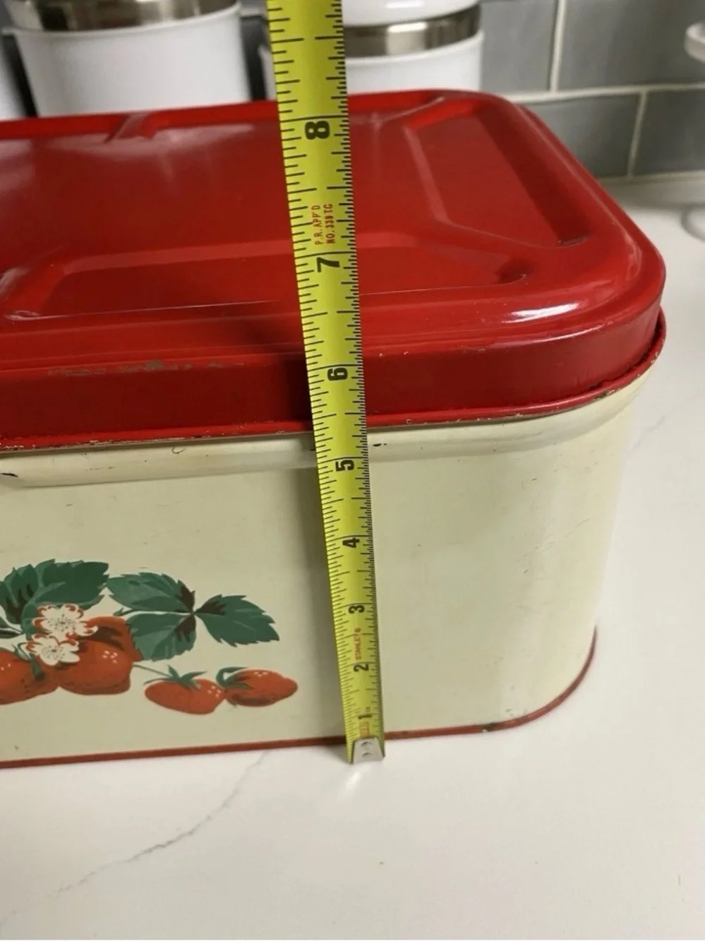 Vintage Strawberry Shabby Chic Hinged Red Metal Bread Box & Canister Set